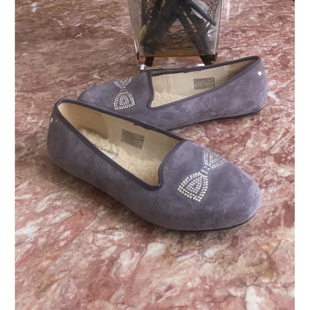 New UGG Alloway Swarovski Crystal Bow Gray Suede Ballet‎ Flats Size 7.5, $170